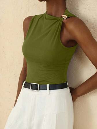 Vesra 女士纯色时尚褶饰金属装饰吊带背心