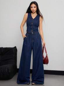 SHEIN EZwear Áo vest denim giản dị cho nữ - Màu xanh lam - Xem 3