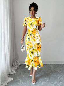 Elenzga 女式夏季新款活力花卉印花收腰连衣裙（花卉图案不对称剪裁）