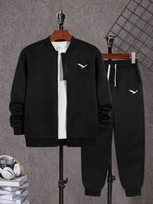 SHEIN Stylish Tween Boys Black Jacket And Pants Combo With Regular Sleeves And Classic Fit Tracksuit Sweatsuit Fall Winter