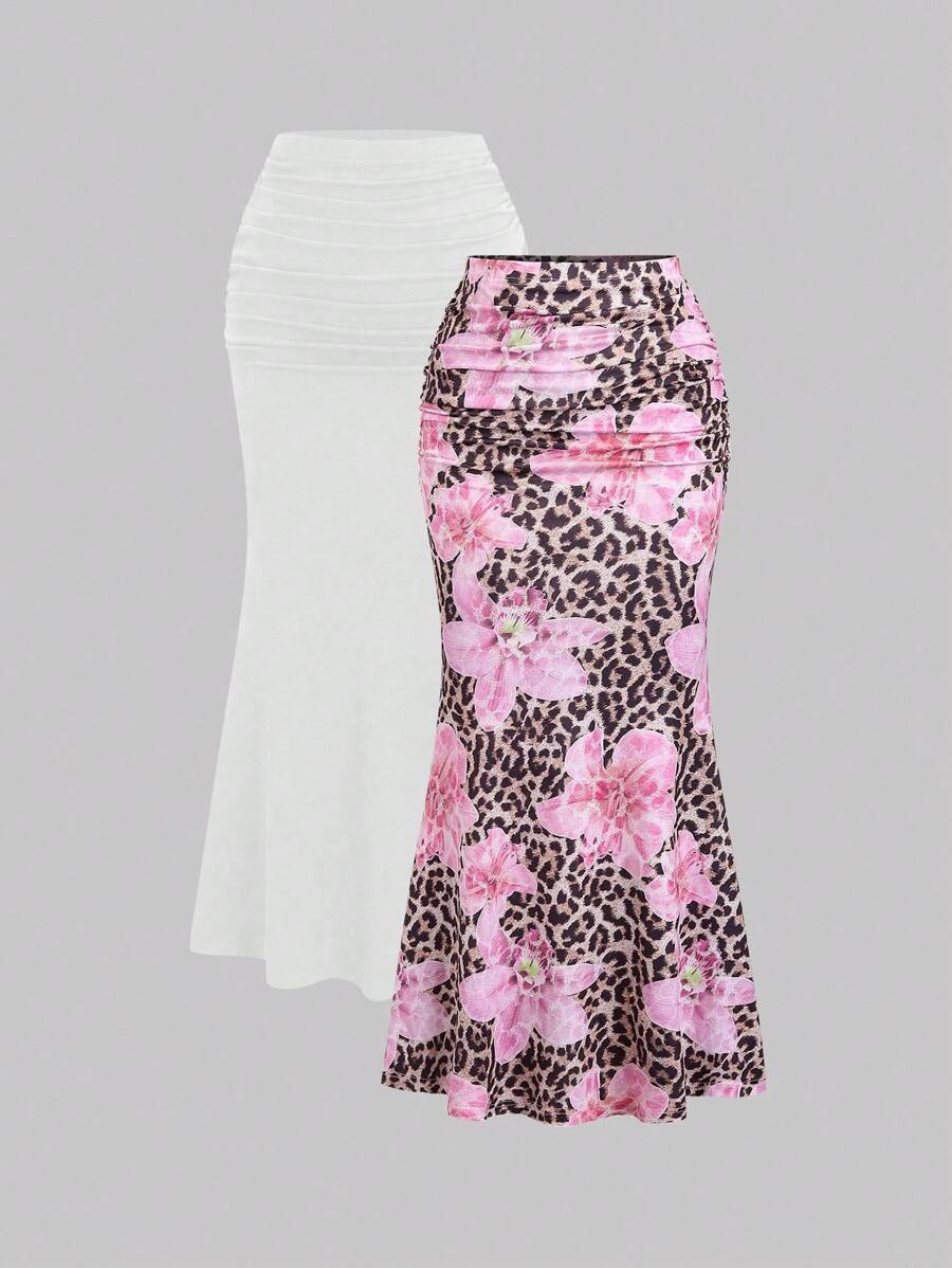 SHEIN Unity 2pcs/Set Elegant Party Women Solid Color Mermaid Skirt & Floral Pattern Skirt Fall Cloth For Women - Pink - View 1