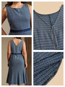Anewsta Plus Size Stylish Slim-Fit Mid-Length Elegant Sleeveless Jacquard Denim Dress, Suitable For Women In Spring/Summer, Easter - Blue - View 8