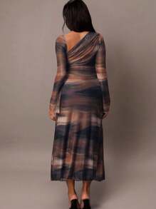MaterniChic Brown Autumn Elegant Night Out Club Maternity Dress, Tie Dye Chiffon Pleated Asymmetrical Shoulder Long Sleeve Slim Fit Date Party Clothes - Brown - View 2