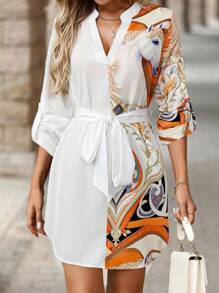 SHEIN Clasi 女士 V 领长袖前系带休闲短裙，女士夏装校服秋季女士连衣裙女士办公室服装女士教师服装女士生日服装 - 白色 - 查看 1