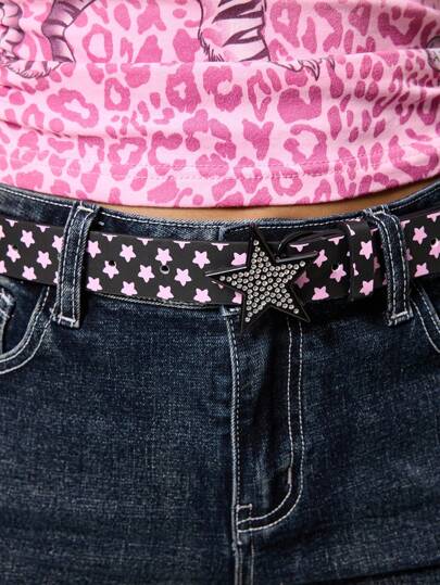 Kawaii 1 pieza Cinturón con hebilla de estrella de cristal estilo minimalista, estilo punk con contraste de color y tachuelas en forma de estrella
