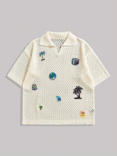 Street Life ملابس علوية كنزة ضيفة برقبة قصيرة مطرزة للرجال