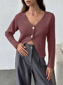EURMUSE Women Solid Color V-Neck Front Button Drop Shoulder Cardigan,Long Cardigans Woman,Petite Cardigans,Cardigans - Dusty Pink - View 5