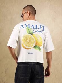 SUMWON 阿马尔菲海岸意大利夏季短款 T 恤，柠檬印花，唯美度假海滩装，地中海风格度假装 - 白色 - 查看 1