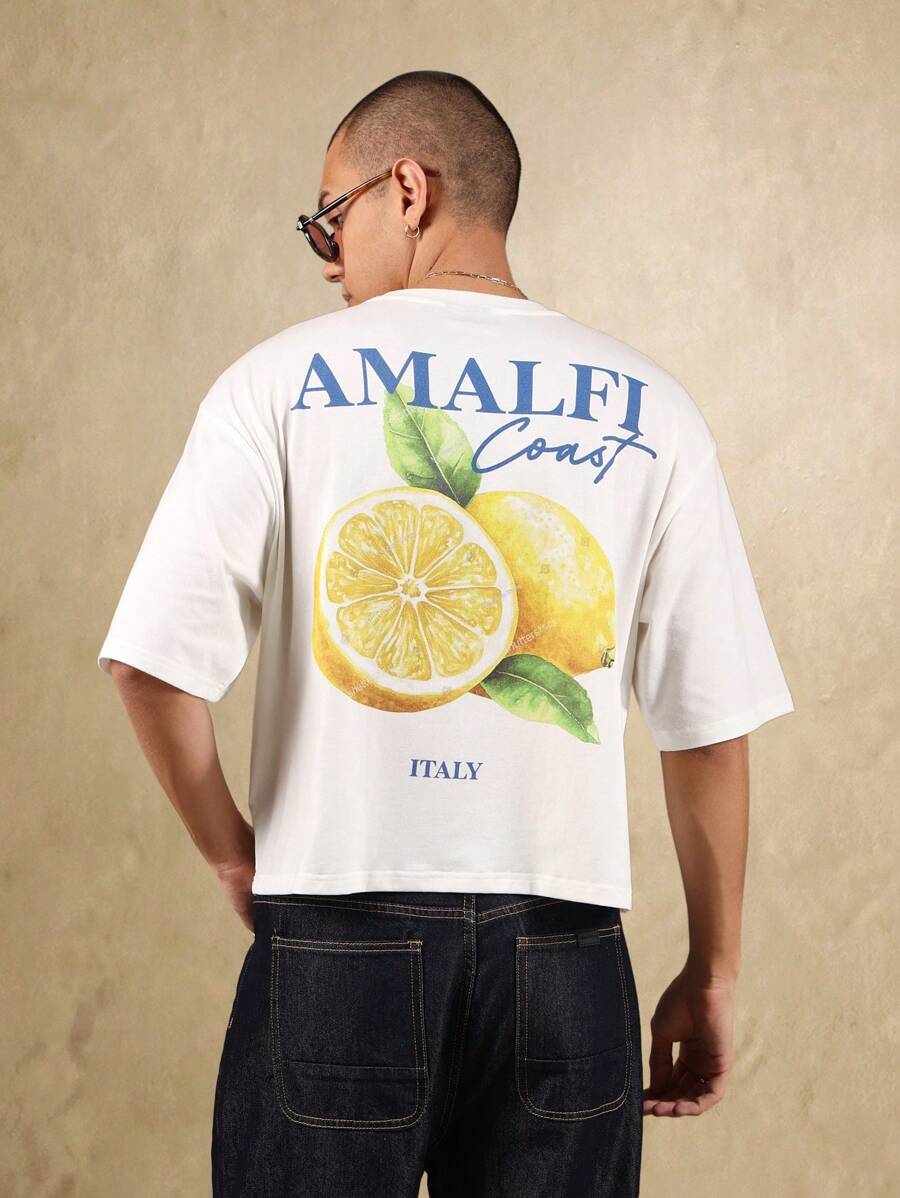 SUMWON 阿马尔菲海岸意大利夏季短款 T 恤，柠檬印花，唯美度假海滩装，地中海风格度假装 - 白色 - 查看 1