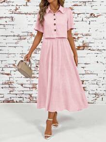 Ellevyn 女士新款时尚优雅两件套，舒适亚麻质感短袖衬衫和吊带背心连衣裙，夏季休闲装