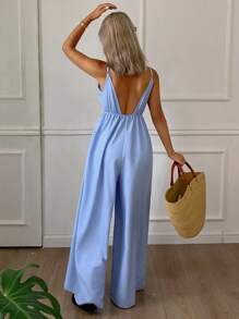 DAZY Bộ jumpsuit hở lưng cổ chữ V thanh lịch dành cho nữ, thích hợp cho kỳ nghỉ biển, du lịch biển. - Màu xanh lam - Xem 2