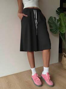 SHEIN EZwear 大码女式黑色休闲短裤 - 黑色 - 查看 4