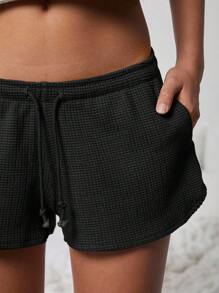 WESTFADE 可爱中腰系带纹理针织休闲短裤 - 黑色 - 查看 3