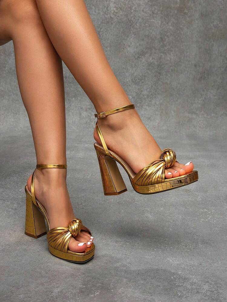 CUCCOO SZL Women's Summer New Sexy Gold Woven Twist Chunky Heels Open Toe High Heels, Fashion Style Suitable For Formal Dress, Party Gown For Christmas Spring Shoes Prom Heels Summer Shoes