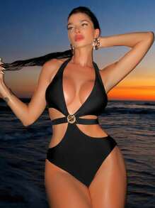 Swim SXY Maillot de bain une pièce noir orné de coquillages métalliques sexy, tenue de plage pour femmes - Noir - Voir 6