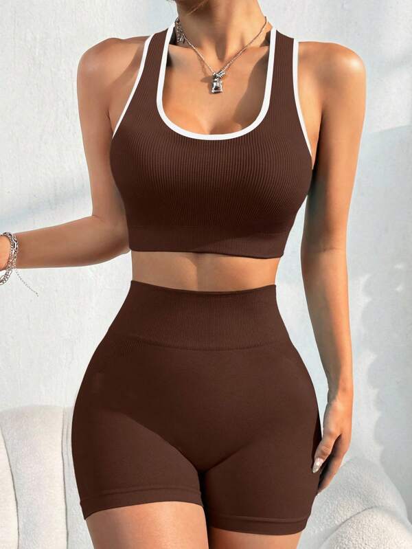 Women Ribbed Trim Crop Tank Top And Shorts Set Brown Sports Bra Workout Two Pieces Set Sports Bra And Shorts Set Two Pieces Athletic Set Two Pieces Yoga Set