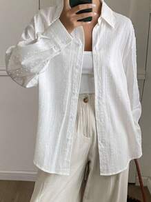 Livesso 女式蕾丝圆点长袖衬衫，夏季 - 米色 - 查看 3