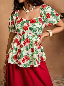 The White Lotus SHEIN VCAY Top Casual Boho com Decote Princesa, Manga Bufante e Estampa Floral Completa, para Mulheres Plus Size, Ideal para Férias, Vestidos Tropicais com Hibisco, Vestidos Havaiano, Blusas Fofas, Camisas de Professor, Aeroporto, Amarelo Manteiga, Férias, Volta às Aulas, Roupas de Outono, Grunge, Kawaii, Viagem, Casual - Multicolorido - Visão 4