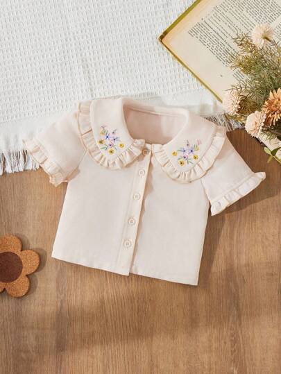 Blossori 女宝宝田园风立领花卉刺绣短袖上衣