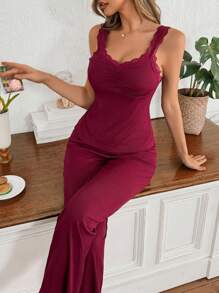 SHEIN 勃艮第女士纯色蕾丝边褶饰针织吊带背心睡衣套装，夏季