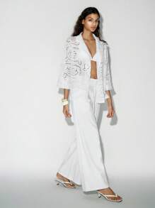 Lumivelle Blazer ouvert à col châle en jacquard fleuri avec dentelle - Blanc - Voir 4