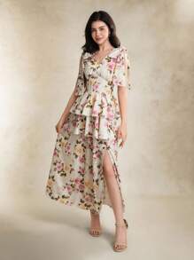 Summer Elegant Floral All-Over Print Split Hem Dress For Teen Girls - Pink - View 4