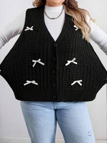 SHEIN CURVE+ Plus Size Women's Bow Decor Single-Breasted Knitted Vest