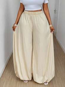 Maweii Women Plus Size Solid Color Elastic Waist Wide Leg Loose Harem Pants - Apricot - View 4