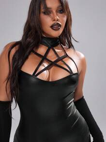 Whyspr Plus Size Women's Spring Summer Stand Collar Pentagram Webbing Hollow Out Sexy Skinny PU Faux Leather Elegant Cool Punk Casual Party Jumpsuit - Black - View 3