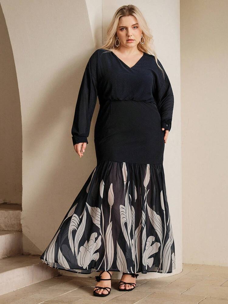 Plus Size Women Floral Print Mermaid Hem Long Sleeve Elegant Dress