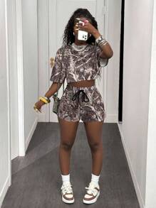 Slaydiva Bộ 2 áo thun tay ngắn cổ tròn và quần short thể thao thường ngày mùa xuân/hè 2025 cho nữ, trang phục thể thao vải in Dry Branch - Hồng - Xem 3