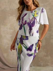 Roveilla 大码优雅休闲花卉印花短袖上衣和鱼尾裙两件套，春夏 - 淡紫色 - 查看 7