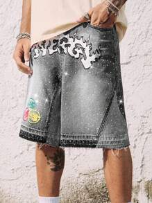 ROMWE MEN Street Life Pantalones cortos de mezclilla para hombre con parches de diamante y color contrastante