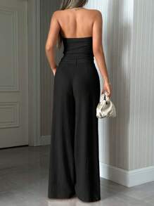 EURMUSE OFF SHOULDER 3D ROSE TOP & MID WAIST PLEATED STRAIGHT LONG LEG PANT - Black - View 2