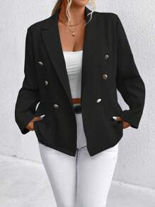 SHEIN LUNE Áo khoác blazer dài tay màu trơn cỡ lớn có 2 hàng khuy thanh lịch - màu đen - Xem 4