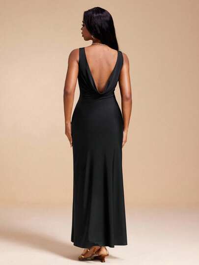 MIRENZI Knit Jersey Boat Neck Drape Back Black Maxi Dress Women Elegant Sexy Party Dress Vacation Dress Wedding Guest Dress Graduation Dress Birthday Outfits Modest Dress Black Formal Evening Gown