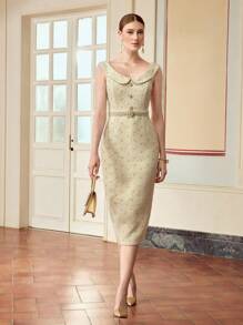 ZEYLAH Women's Peter Pan Collar Button Detail Fitted Elegant Sleeveless Dress