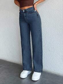 EURMUSE Women's Pocketed Wide Leg Loose Casual Versatile Denim Jeans - Dark Wash - View 6