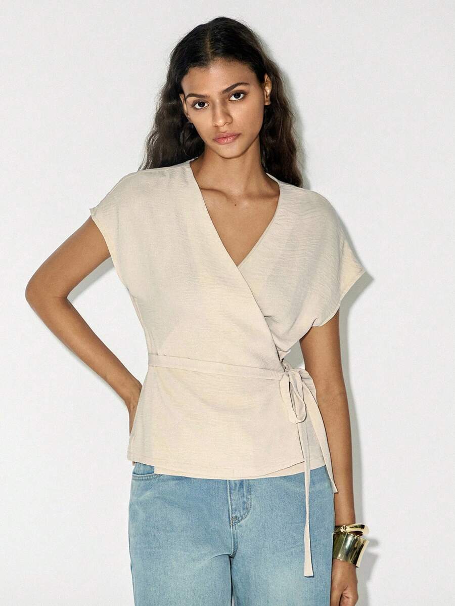 Lumivelle Damen Sommer Casual Chiffon Crossover Krawatte Schulter Kurzarm Shirt Wrap Tops Für Frauen Vorne Krawatte Top