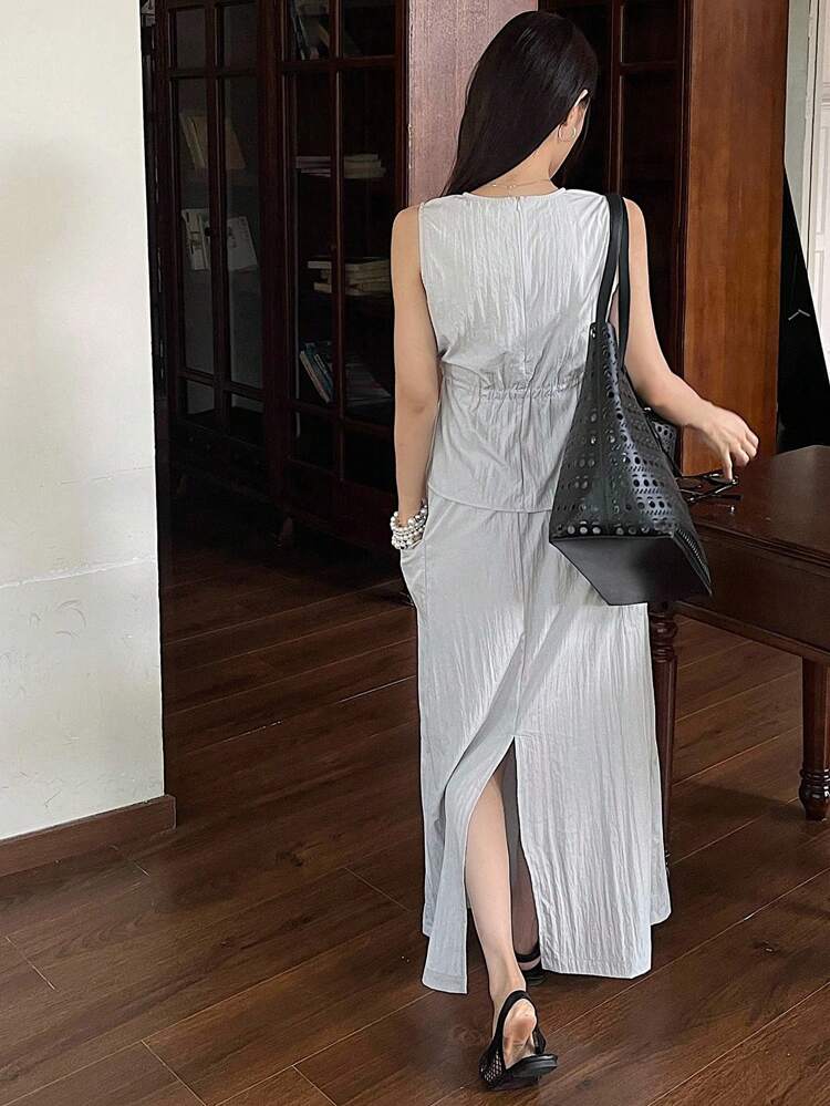 2pcs/Set Women Round Neck Sleeveless Waisted Skirt Set