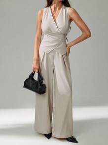 SHEIN Tall Women Solid Color Wrap Vest And Wide-Leg Pants Suit Set - Apricot - View 1
