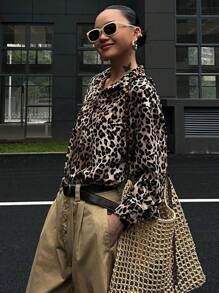 DAZY 女士宽松豹纹休闲通勤衬衫 - 棕色 - 查看 7