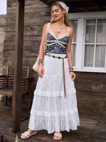 LanaWest Women's Casual Layered Lace Trim Mesh Patchwork Skirt Fall Cloth For Women - White - View 3