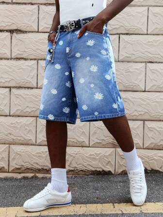 Short en jean casual à imprimé floral avec poche, pour hommes, été