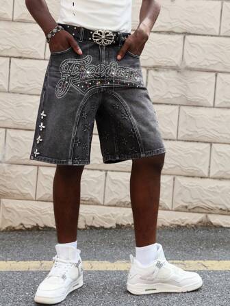 Street Life Herren Jeans Shorts mit Lässig Mode Strass Dekor Tasche
