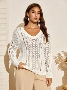 Calvaya Cut Out gestrickter Lässig Pullover in Große Größen mit Langarm, Oberbekleidung für Ausgehen & Urlaub, Herbst/Winter Strick Pullover - Aprikosenfarben - Übersicht 2