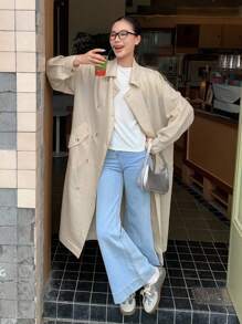 DAZY 女士纯色休闲长袖韩版长款薄款夹克秋冬 - 卡其色 - 查看 3
