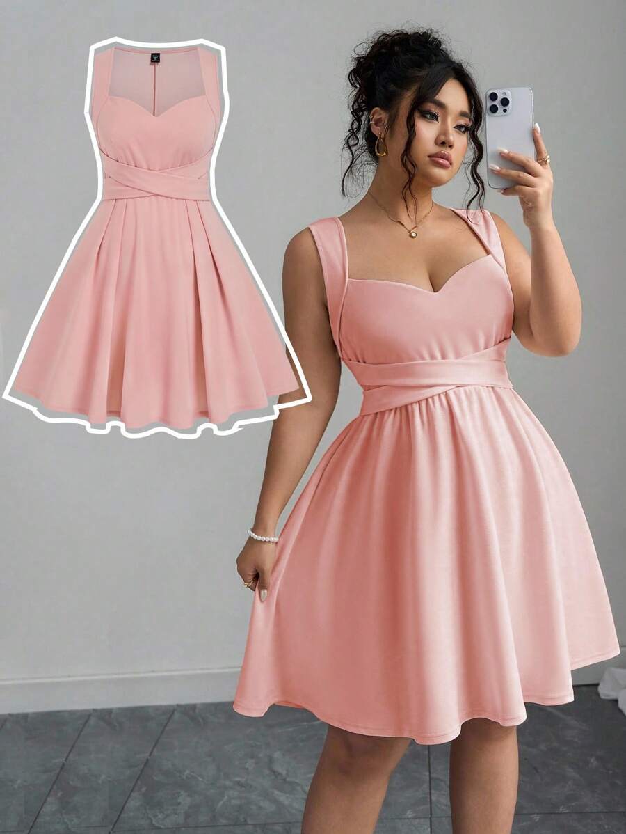 Elenzga 大码女式休闲优雅度假风格甜心领交叉蝴蝶结荷叶边无袖迷你连衣裙 - 粉色 - 查看 1