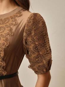 Vestido elegante de mujer Anewsta con cuello redondo y parche de encaje - Marrón - Ver 6