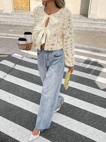 Serisse 女士时尚杏色串珠结饰长袖外套，亮片上衣，系带外套，毛绒外套，羽毛亮片外套，亮片开衫外套，丝带系带外套，秋季派对外套，保暖长袖外套，派对上衣，派对外套，奶油色长款蓬松抓绒外套，优雅派对连衣裙，秋季女装，冬季女装，四季皆宜，女士冬季穿搭，长袖外套，法式风格服装，通勤装，复古风，简约风，优雅羽毛外套 - 杏色 - 查看 7
